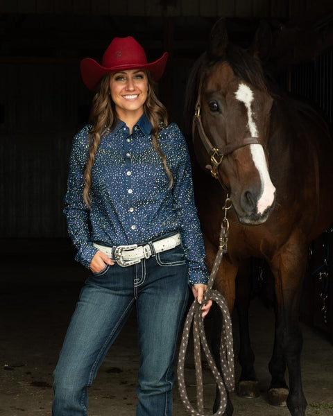Cowgirl Tuff Denim Sparkle Sport Button-Up Pullover