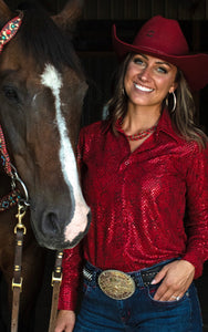 Cowgirl Tuff Red Metallic Snakeskin Sport Button-Up Pullover