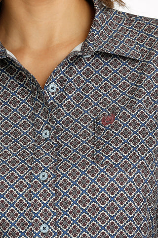 Cinch Women's Blue Patterned Arena Flex Tinsel Button Down