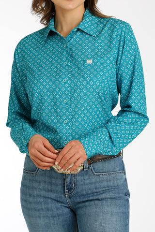 Cinch Women's Teal Print Button Down