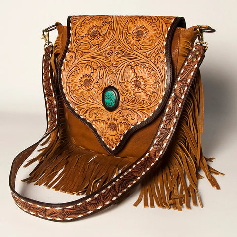 American Darling Flower Tooled Leather Flap w/ Fringe