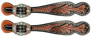 Ladies Two Toned Floral w/ Turquise Stone Buckles Spur Strap