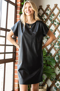 Faux Leather Banded Cuff Short Sleeve Round Neck Black Tee Dress